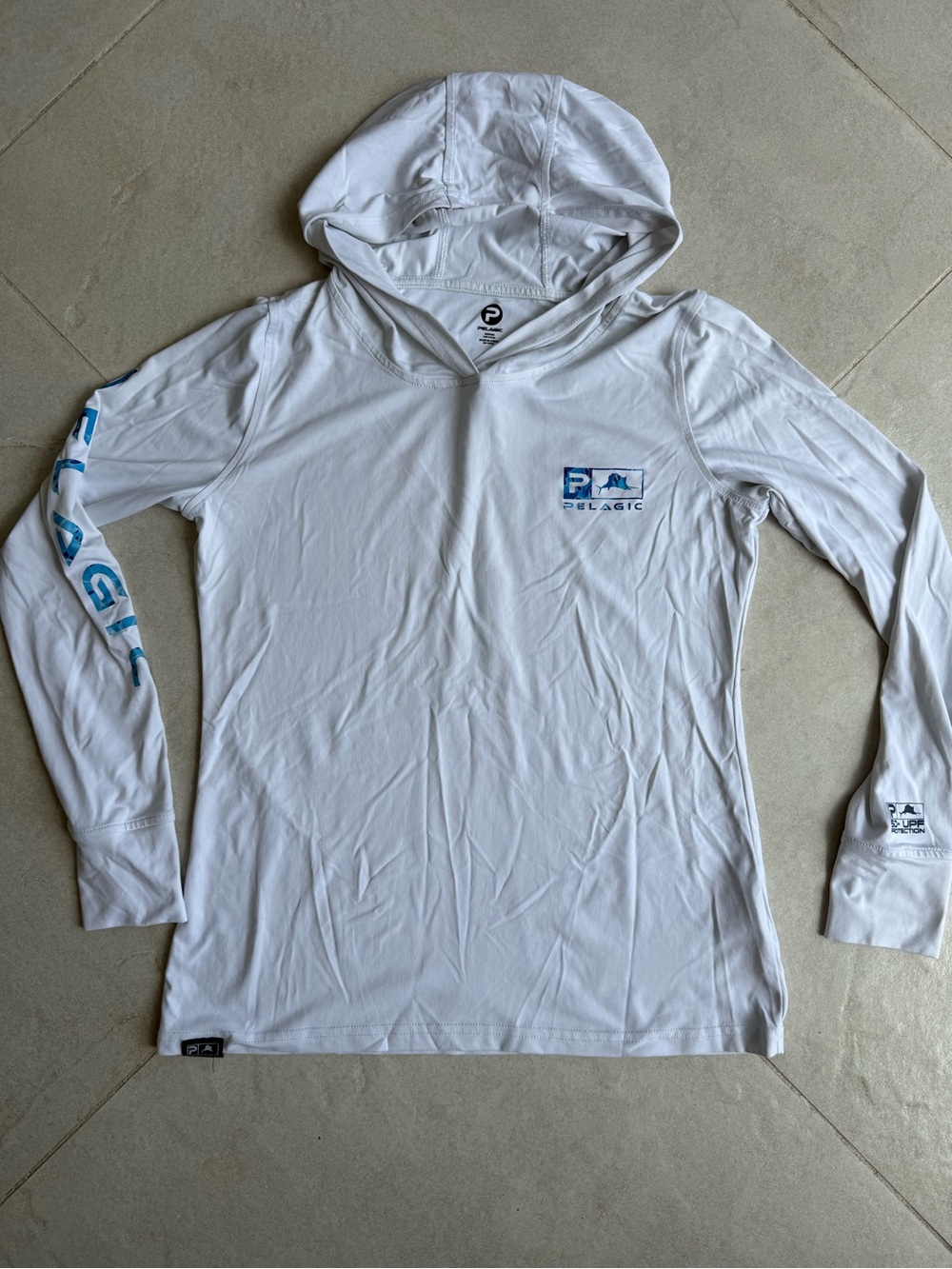 Pelagic White Men’s Hooded Swim Rash Guard with Blue Logo